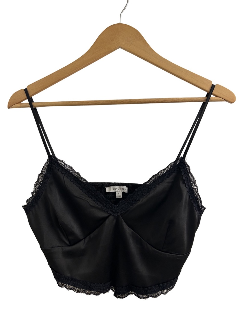 Love Tree Black Satin Lace-Trim Cami Crop